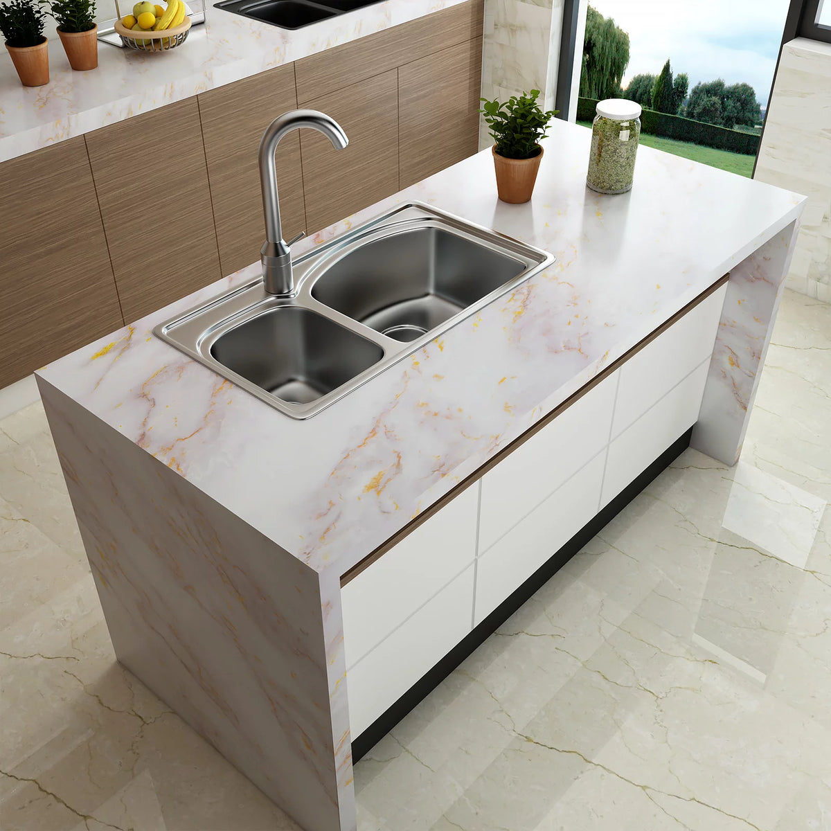 24"x160" White Gold Marble Peel and Stick Contact Paper A45042