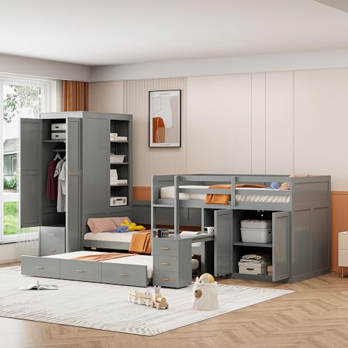 White Twin Over Twin Wood Bunk Bed with Trundle Q2516