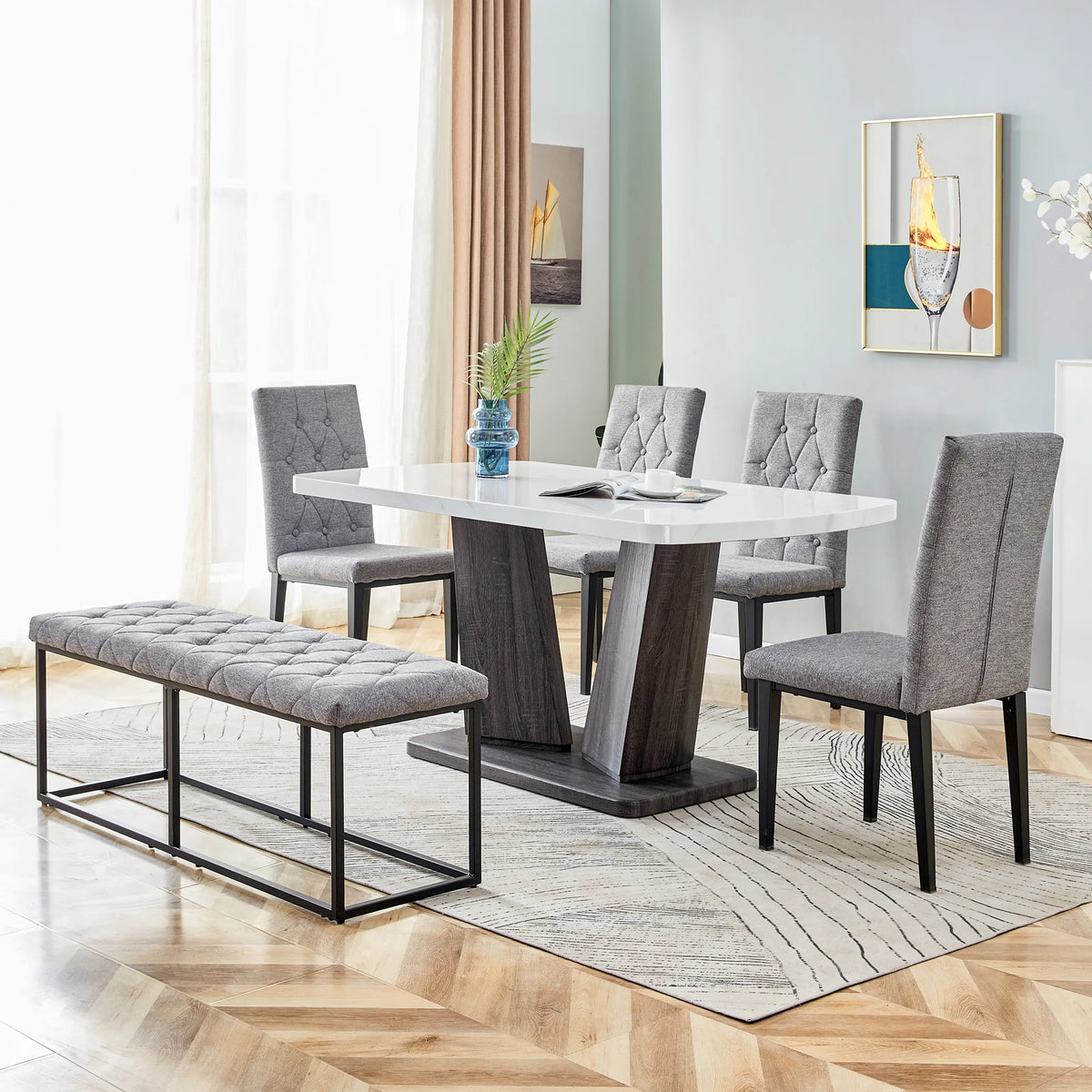63" 6-Piece Dining Table with 4 Chairs & 1 Bench F701