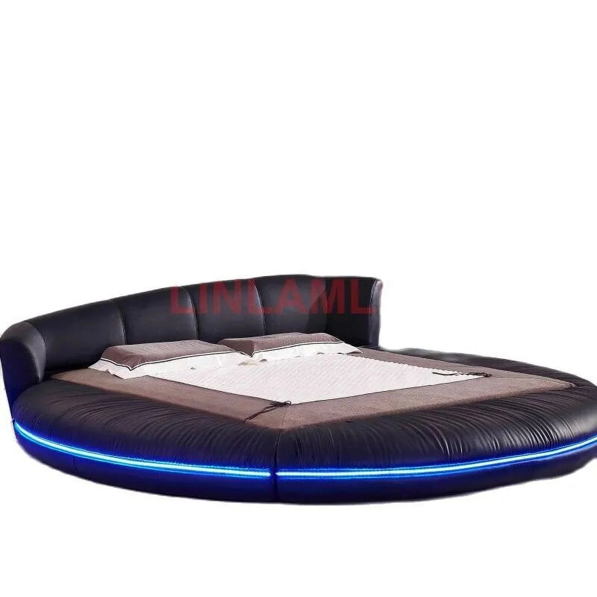 LED Light Round Bed Frame Genuine Leather Bed S815347