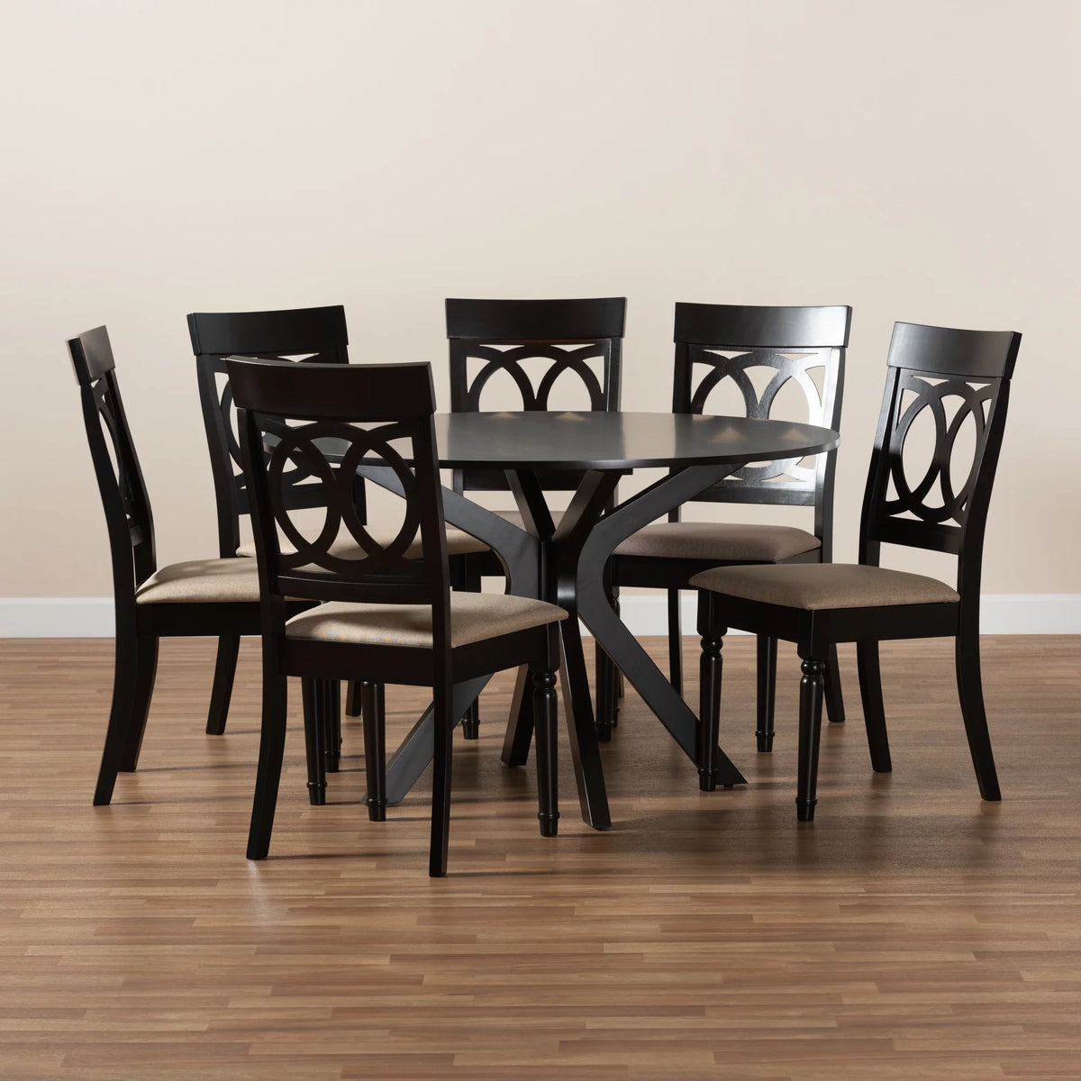 Sand Fabric Upholstered Dark Brown Wood 7-Piece Dining Set P980