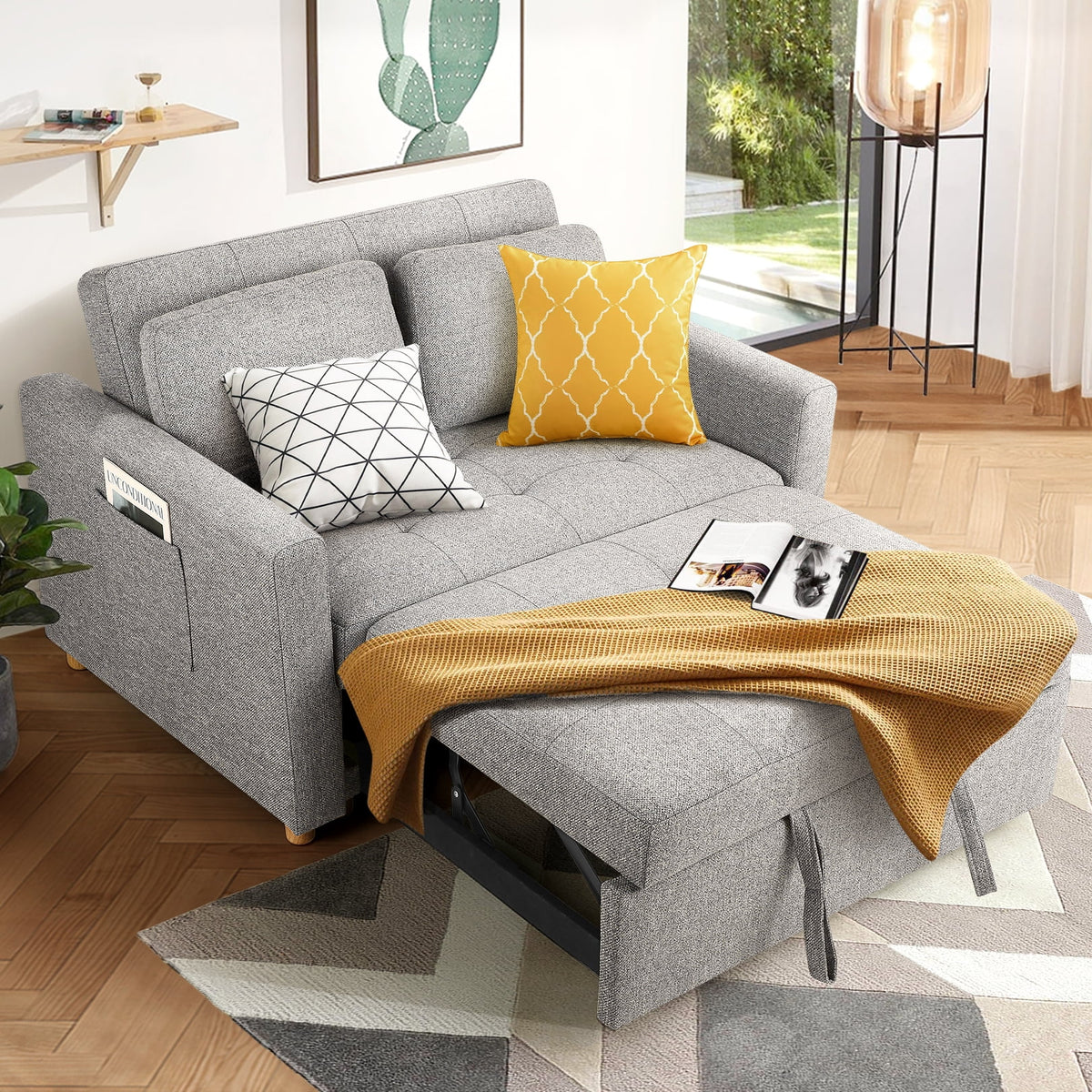 Gray Linen Convertible Sleeper Sofa Bed J481364