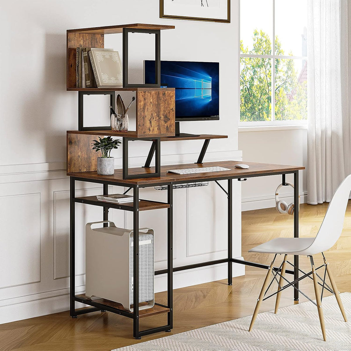 Black Home Office Desk with 5-Tier Bookshelf J94080