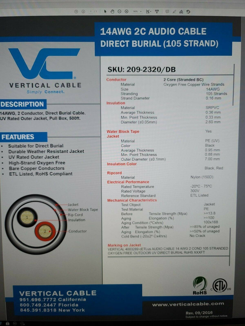 2 Conductor Direct Burial 14AWG Audio Cable, 500 ft. Pull Box S96084