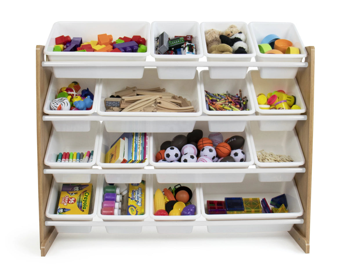 Kids Wood Toy Storage Organizer with 16 White Plastic Bins W919394