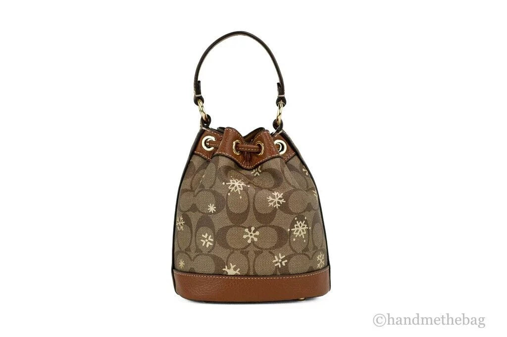 Khaki Snowflake Print Coated Canvas Bucket Bag F6807