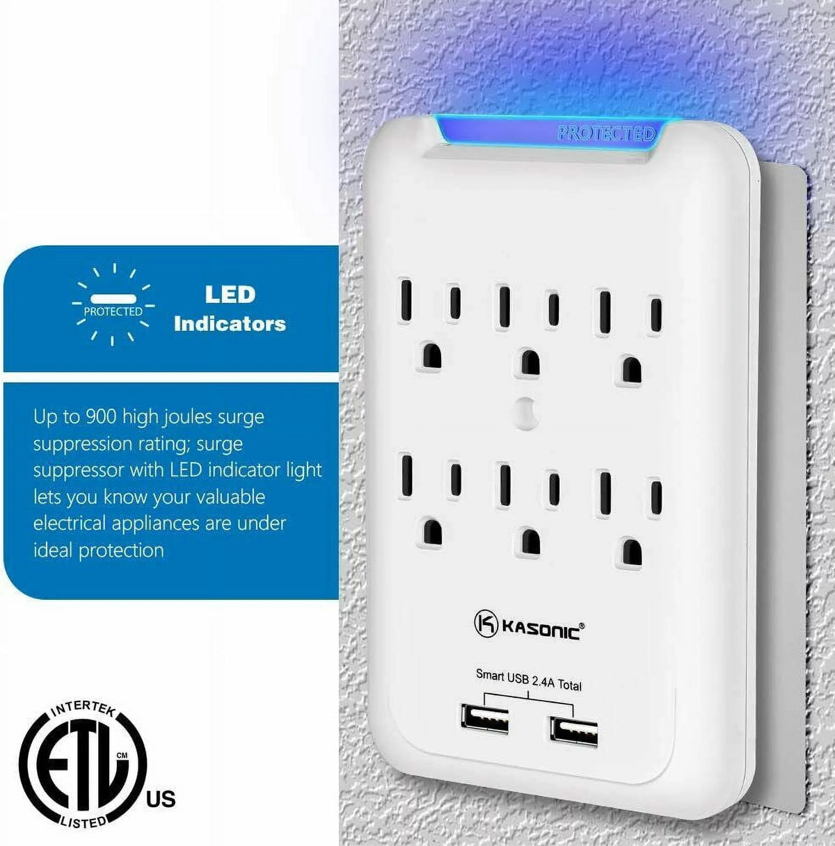 6-Outlet Wall Mount Surge Protector 2 Pack, 900 Joules with 2 USB Ports U34004