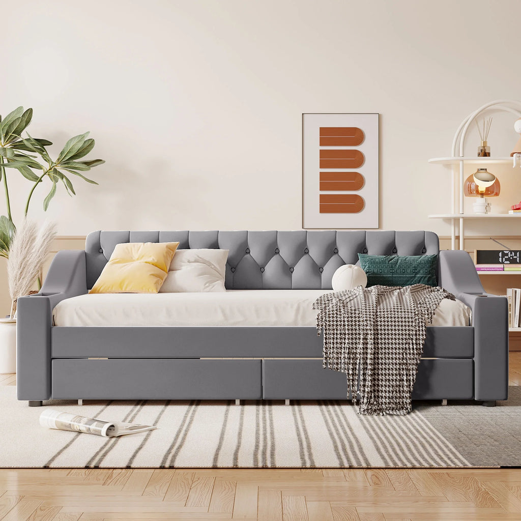 Twin Size Upholstered Daybed with Storage Armrests and Usb Port Q28778