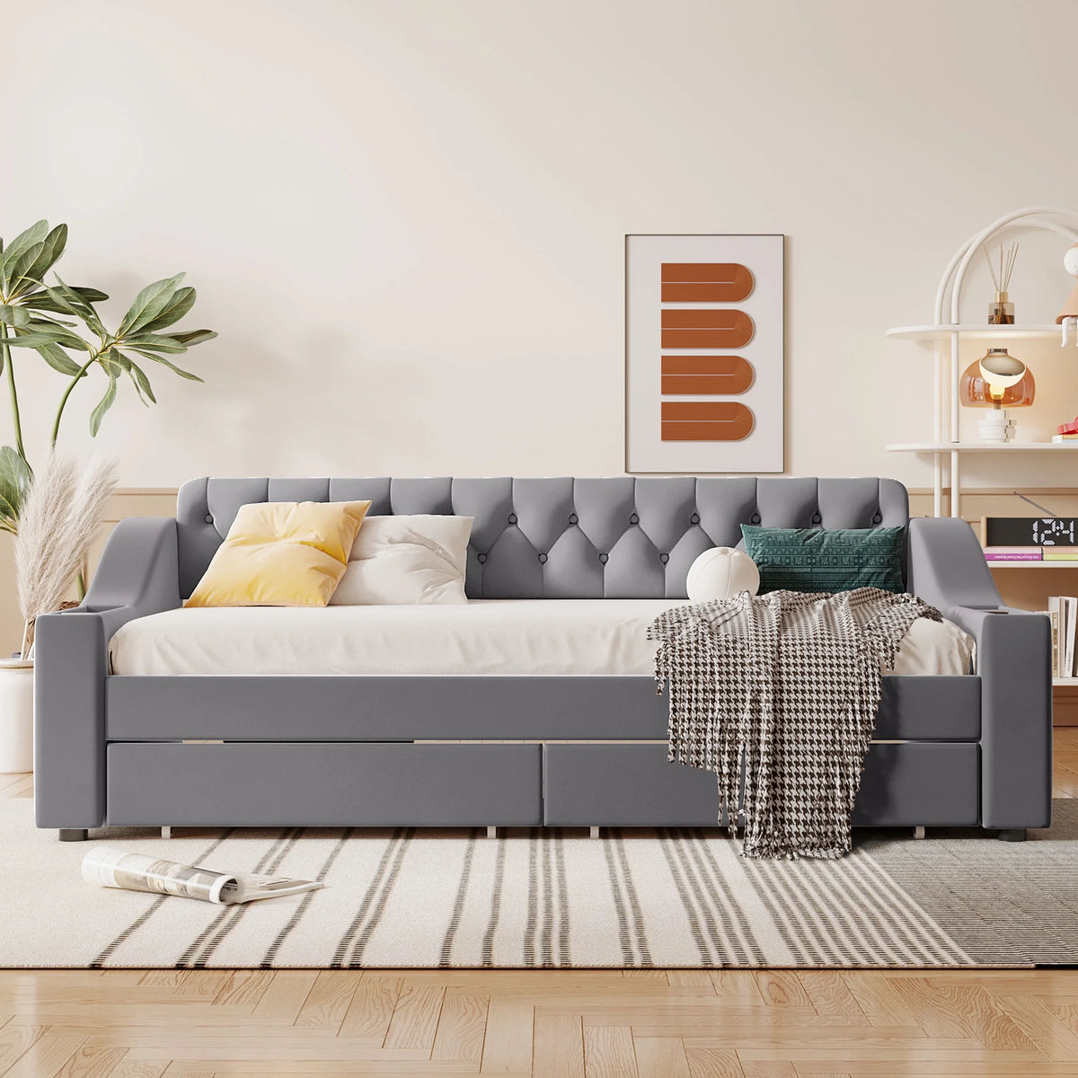 Twin Size Upholstered Daybed with Storage Armrests and Usb Port Q28778