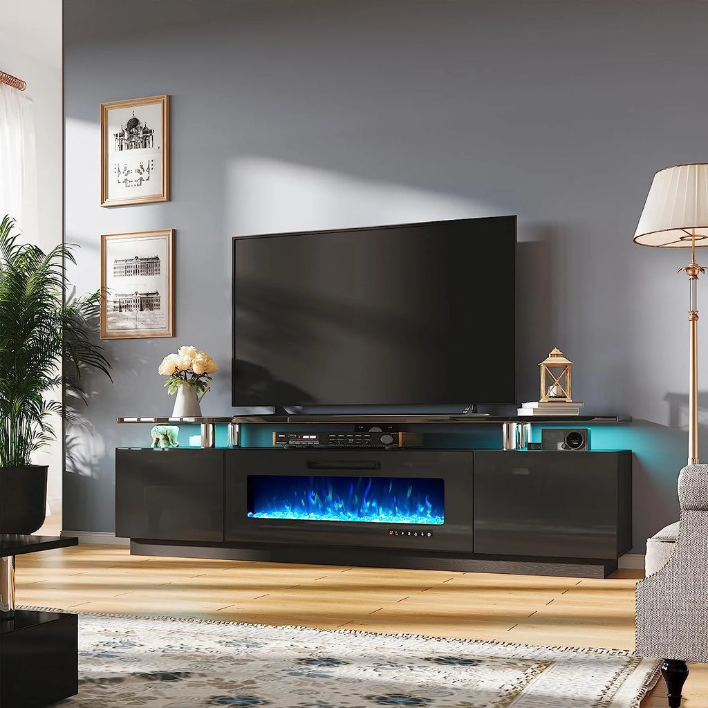2 Tiers Fireplace TV Stand with 40" Fireplace, 80" High Gloss Entertainment Center, Obsidian Black N73912