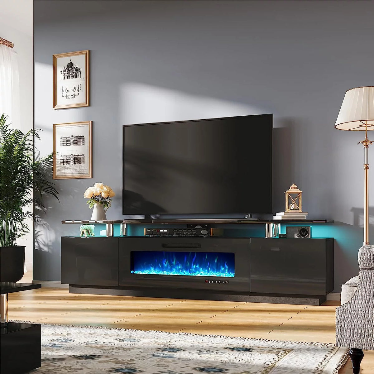 2 Tiers Fireplace TV Stand with 40" Fireplace, 80" High Gloss Entertainment Center, Obsidian Black N73912