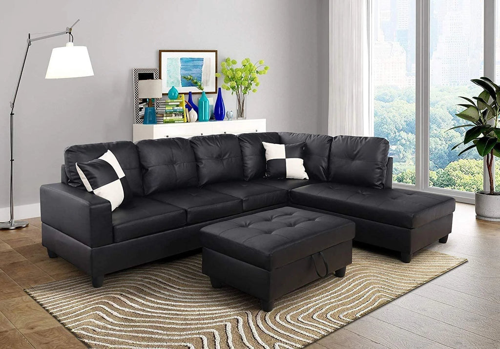 L-Shape Faux Leather Sectional Sofa with Chaise and Ottoman V953