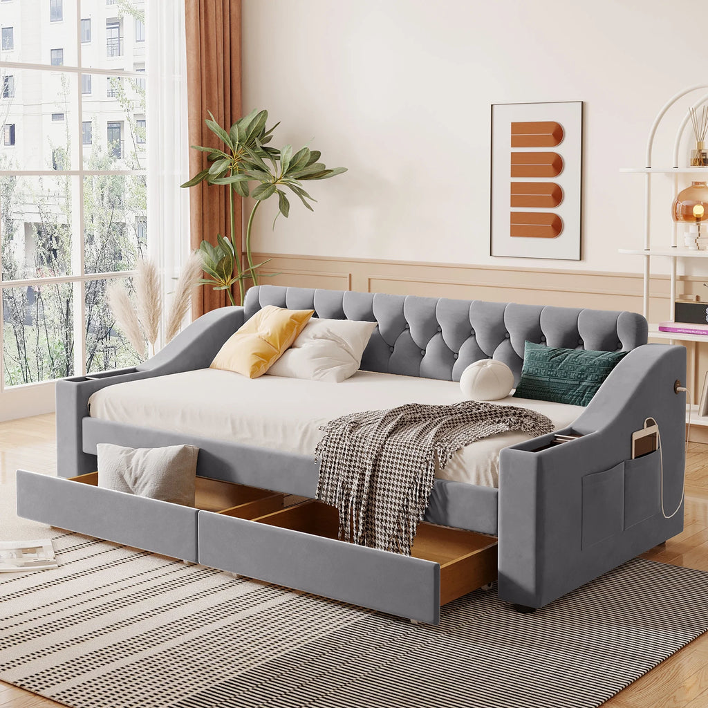 Twin Size Upholstered Daybed with Storage Armrests and Usb Port Q28778