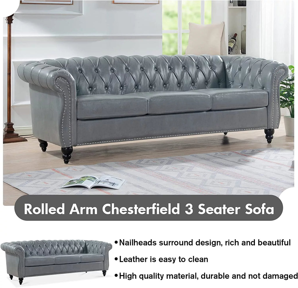 84" Gray Leather Chesterfield 3-Seater Sofa G554903