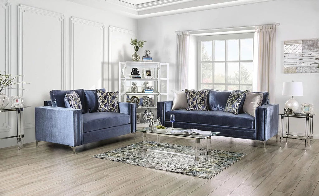 Satin Blue & Silver Microfiber Loveseat Z262