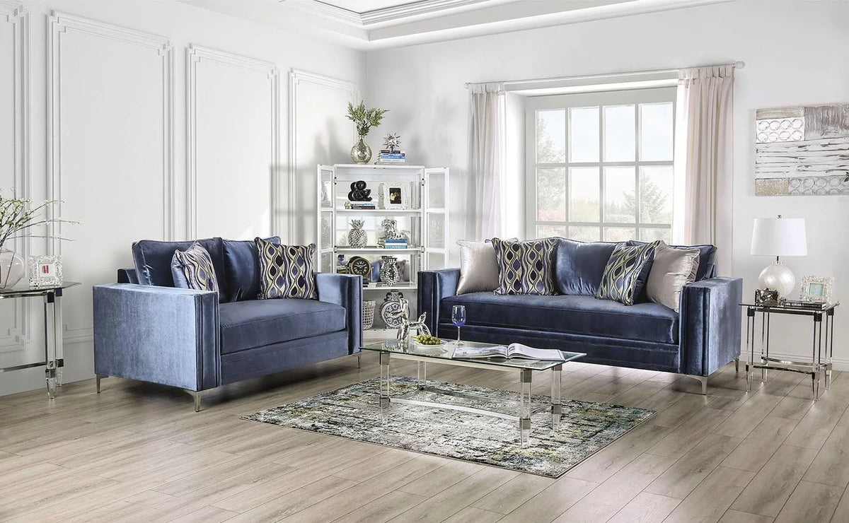 Satin Blue & Silver Microfiber Loveseat Z262