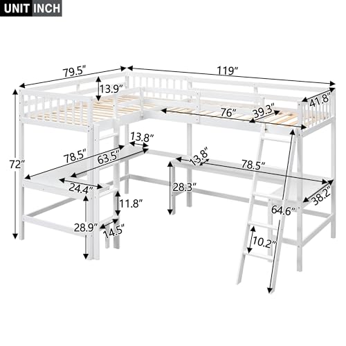 White L-Shaped Wood Twin Size Loft Bed with Desk and Ladder V35515