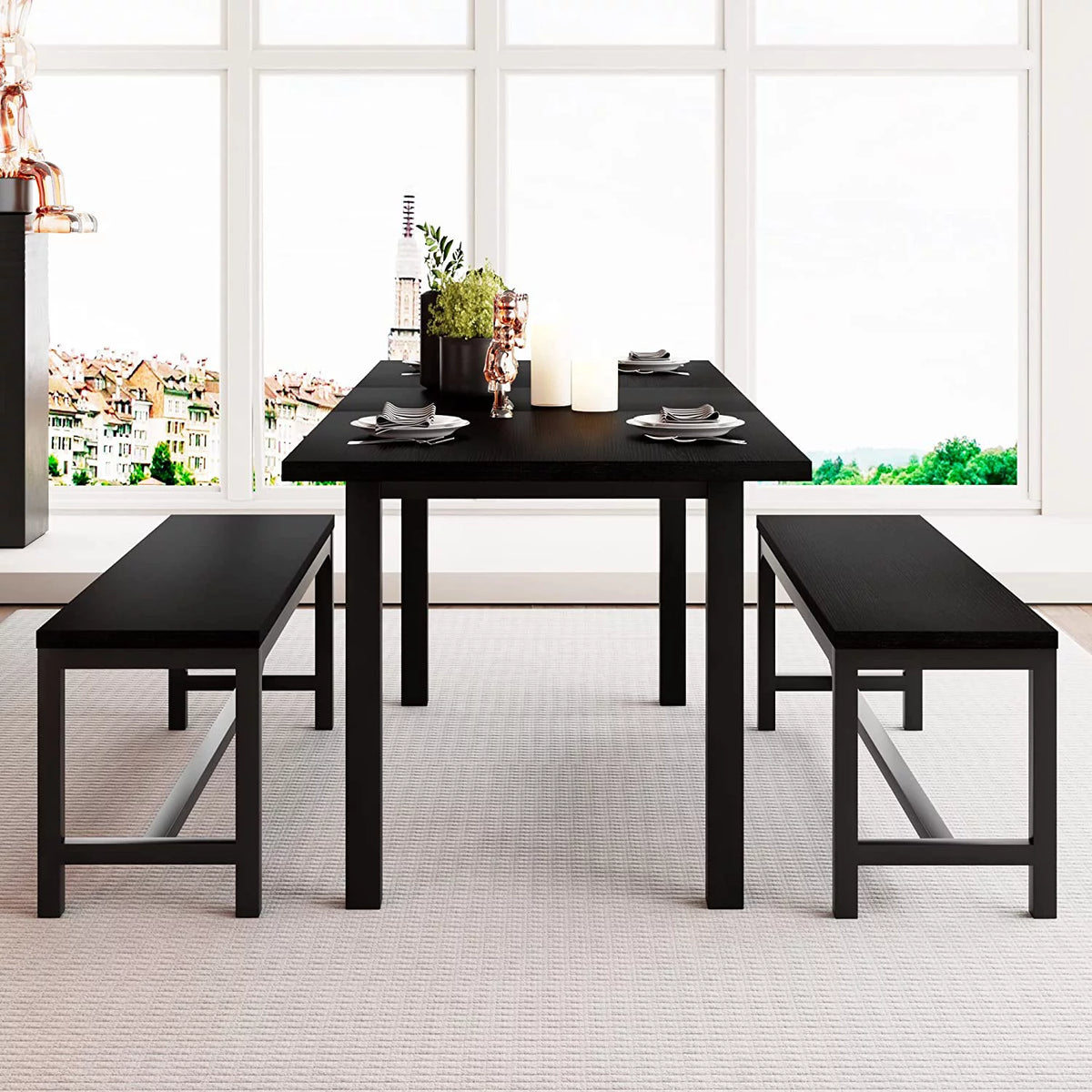 Space Saving Extendable Dining Table Set with Benches X730289