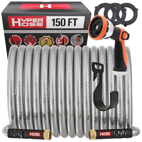 100 ft Stainless Steel Garden Hose Set with Spray Nozzle & Hook V66781