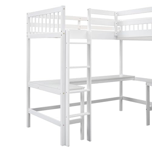 White L-Shaped Wood Twin Size Loft Bed with Desk and Ladder V35515