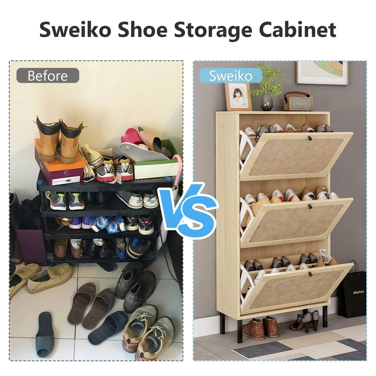 3 Flip Drawer Rattan Shoe Cabinet with Adjustable Shelves T469