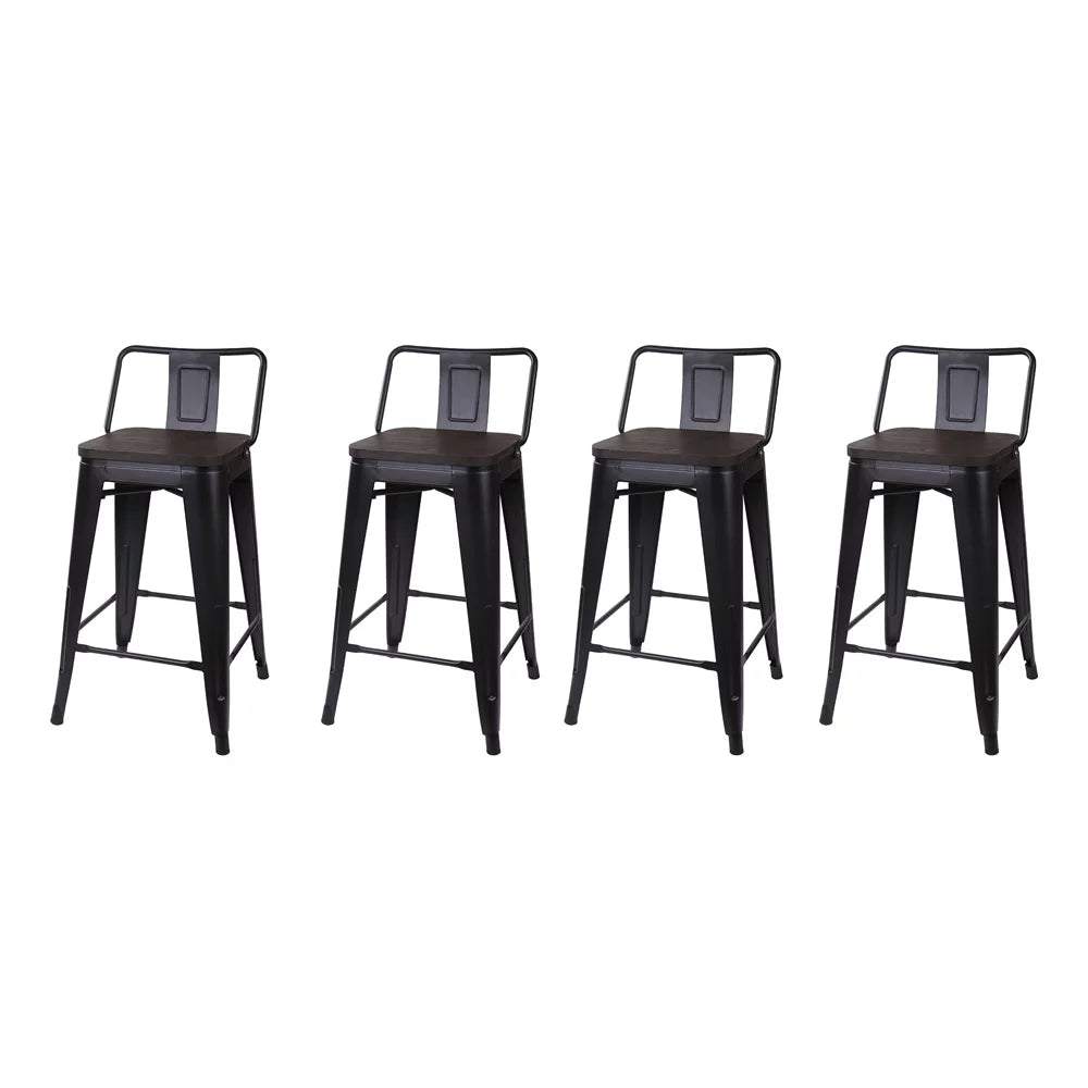 Black 24 inch Low Back Metal Barstool with Dark Wood Seat, Set of 4 B4439