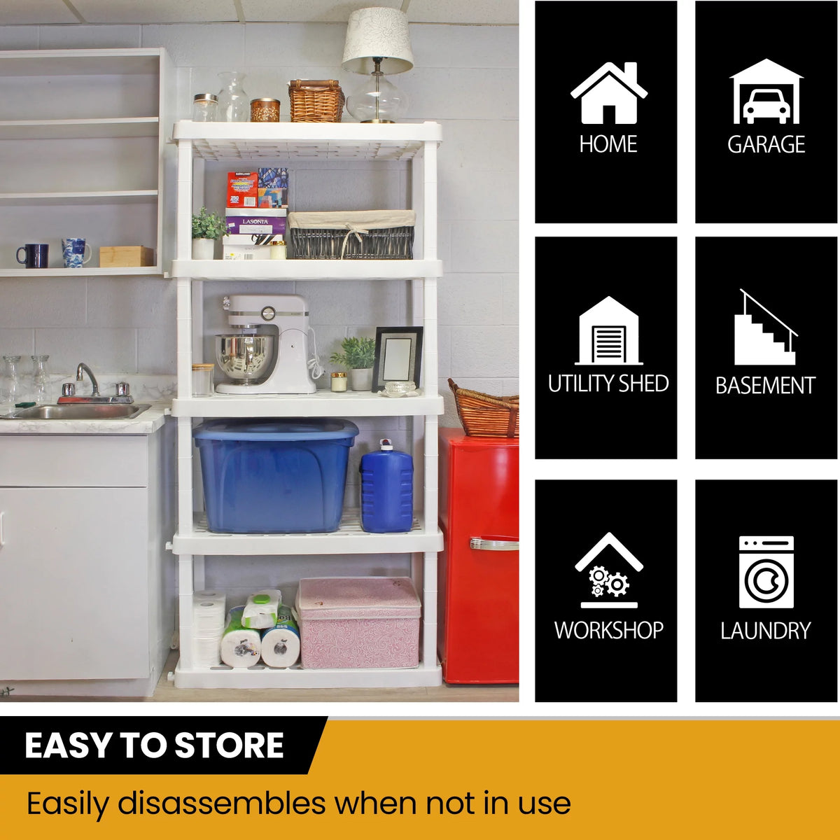 5 Shelf Plastic Garage Shelves, Pack of 4, White 750 lbs Capacity D409300