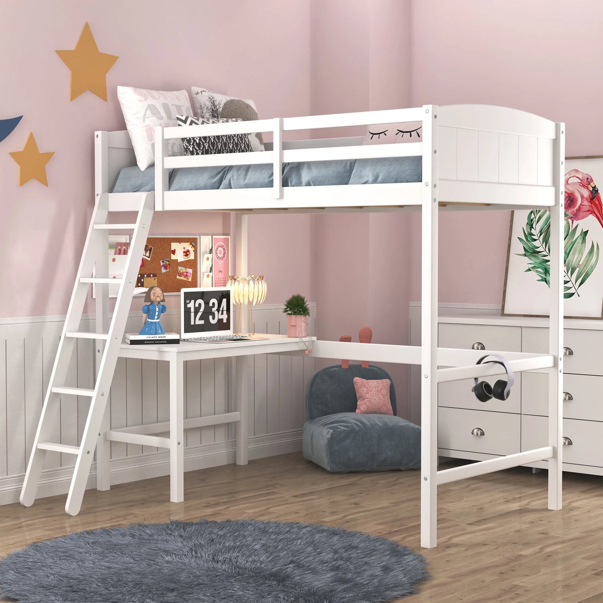 White Wood Twin Loft Bed with Desk J2167