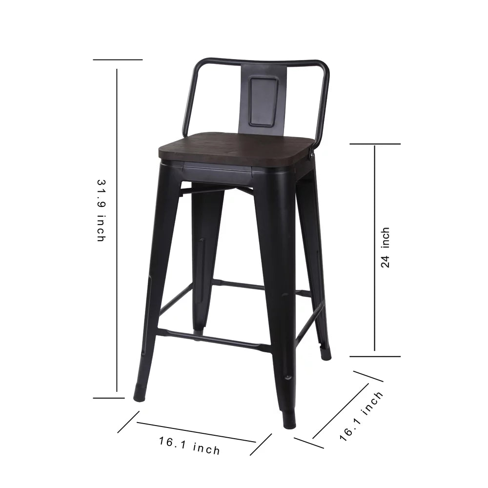 Black 24 inch Low Back Metal Barstool with Dark Wood Seat, Set of 4 B4439