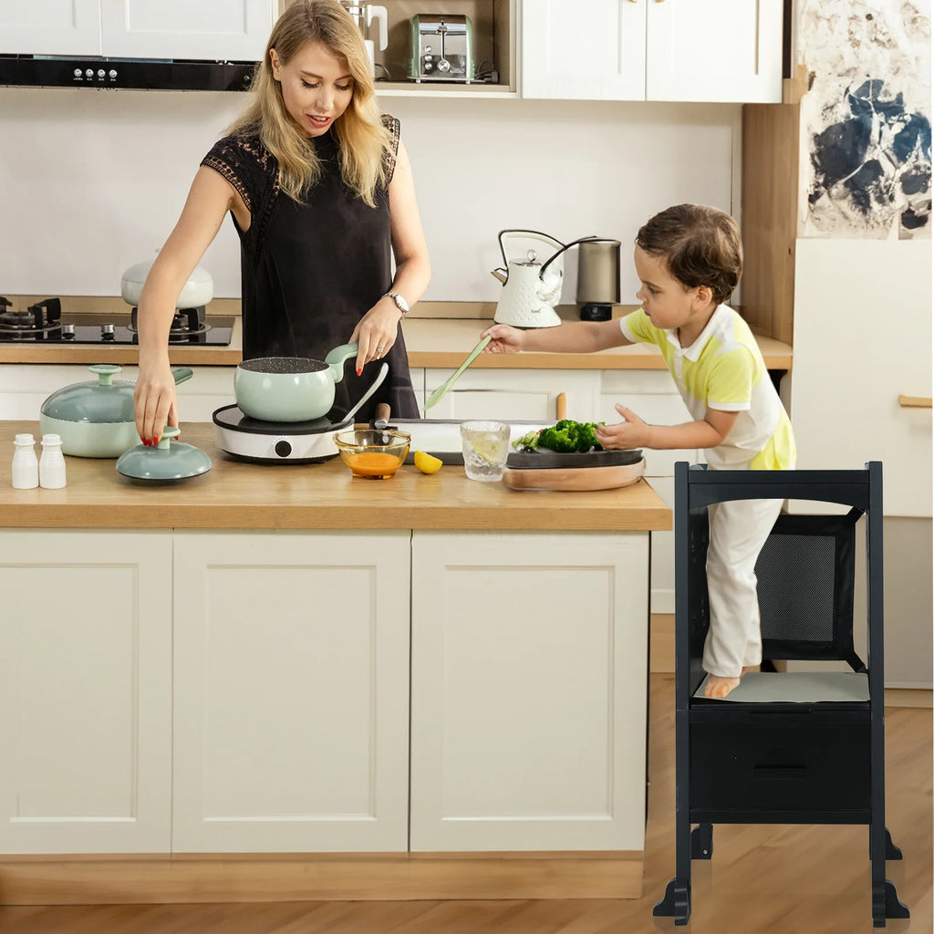 Wooden Folding Toddler Kitchen Step Stool, Black P92155