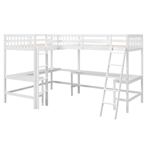 White L-Shaped Wood Twin Size Loft Bed with Desk and Ladder V35515