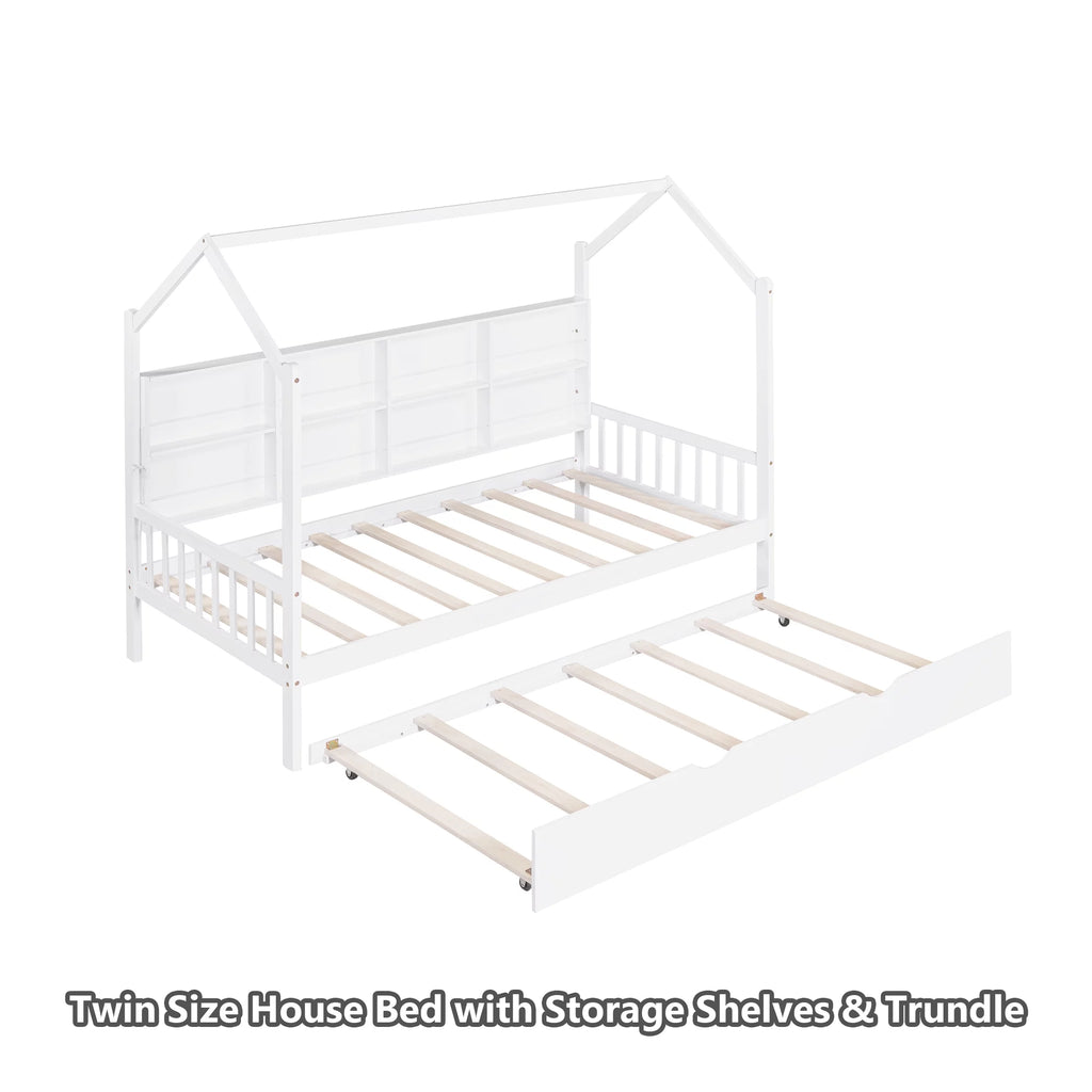 Twin Size Solid Wood House Bed with Trundle and Storage Shelves O31830