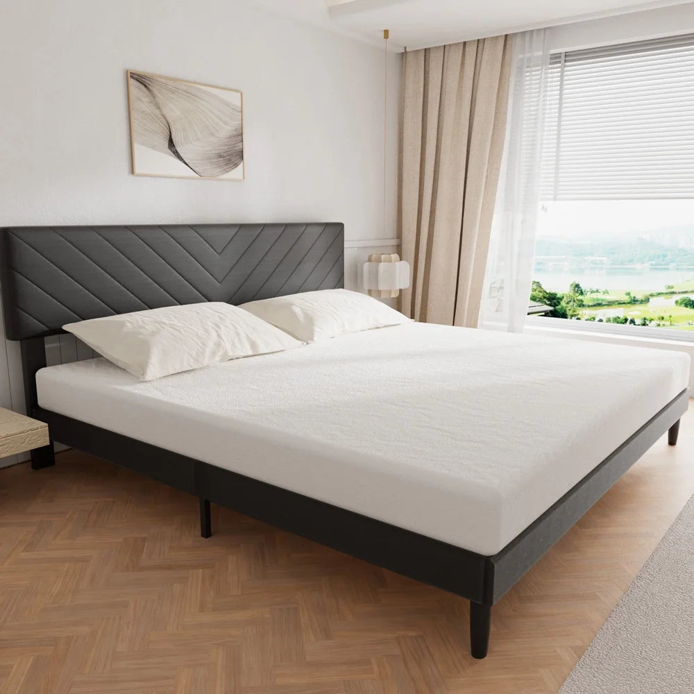 King Size Upholstered Platform Bed Frame with Adjustable Headboard N448