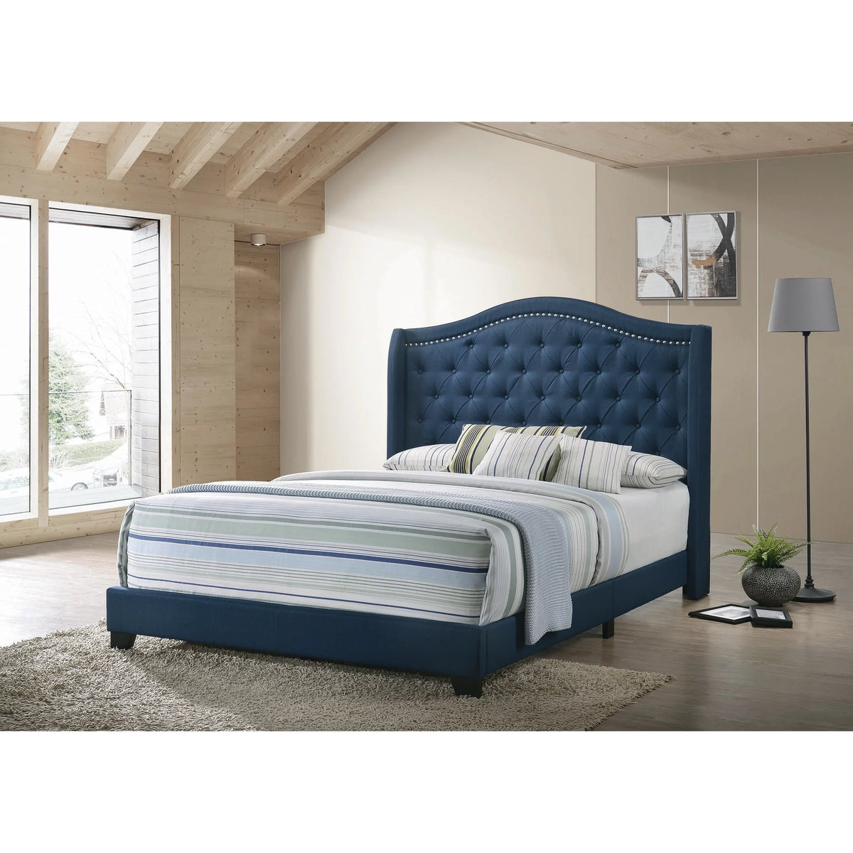 Navy Blue Upholstered Queen Headboard Bed with Nailhead Trim I406330