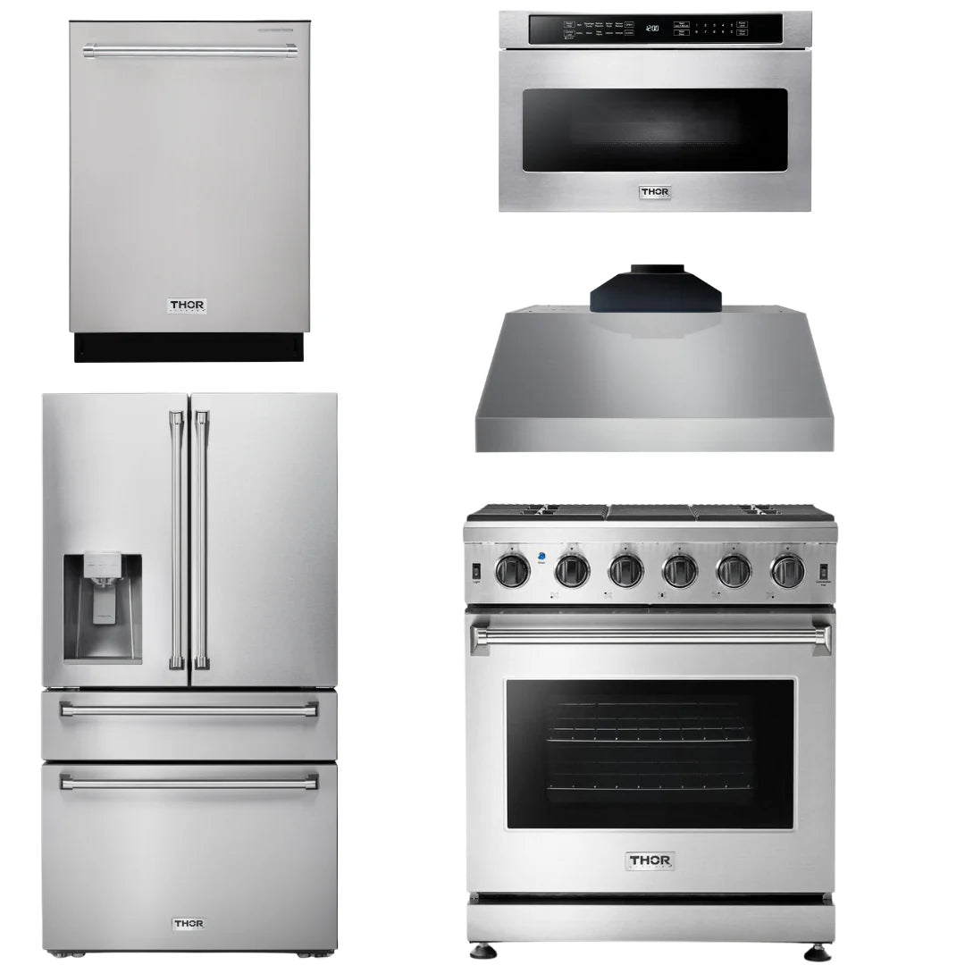 30 Propane Gas Range, Range Hood, Microwave, Refrigerator, Dishwasher I15684