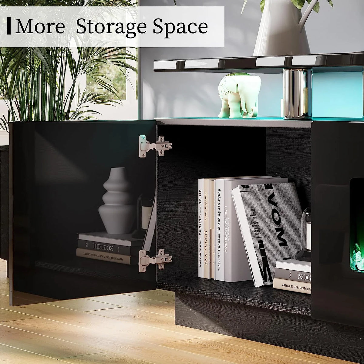 2 Tiers Fireplace TV Stand with 40" Fireplace, 80" High Gloss Entertainment Center, Obsidian Black N73912