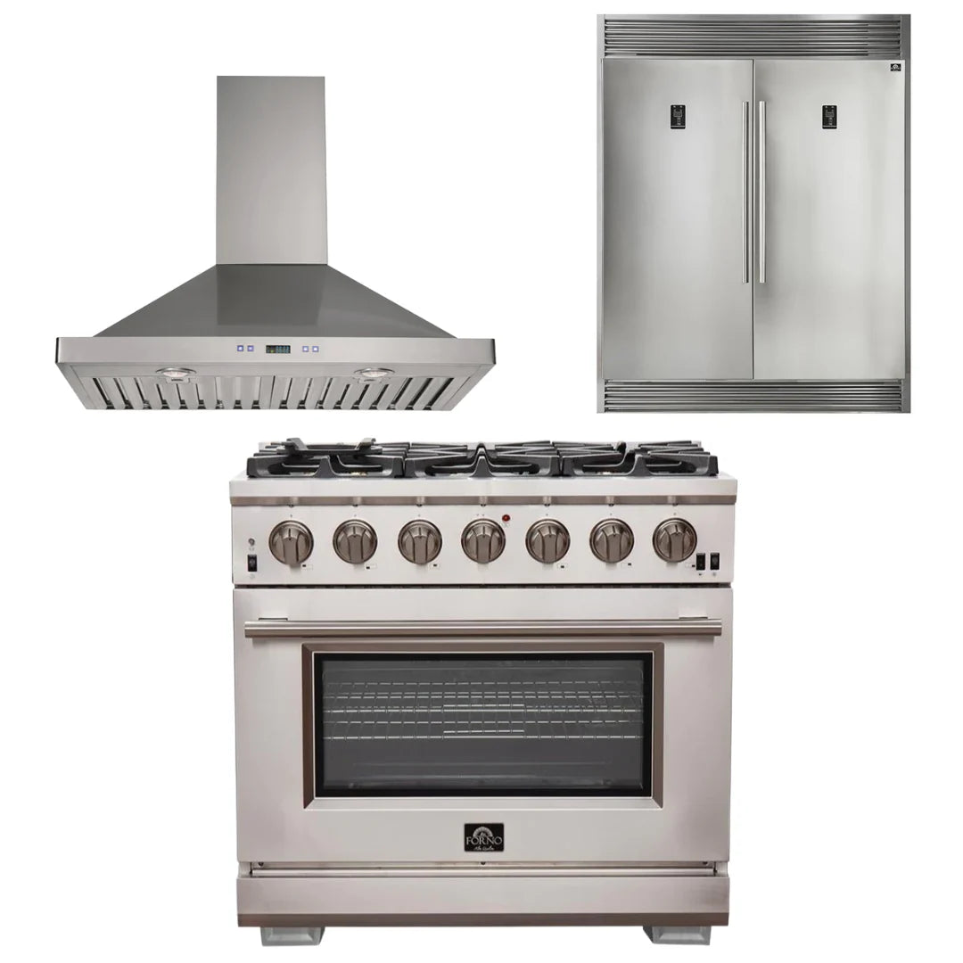 36 Inch Pro Gas Range, Wall Mount Range Hood, Refrigerator V73154