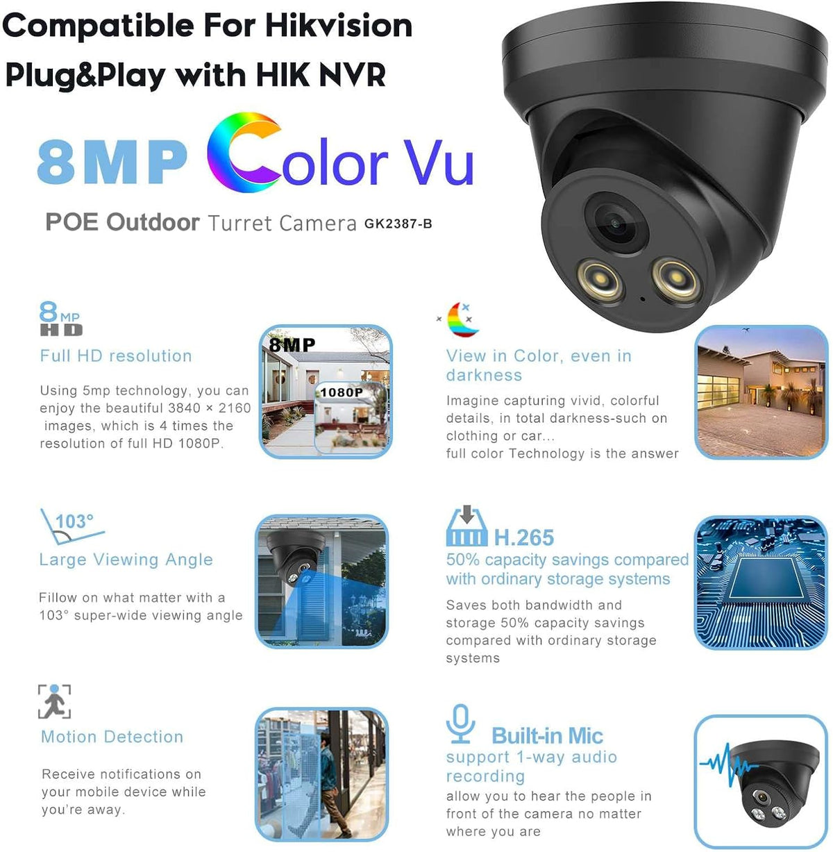 4K 8MP Full Color Night Vision POE IP Security Camera Black 2.8mm Fixed Lens V322