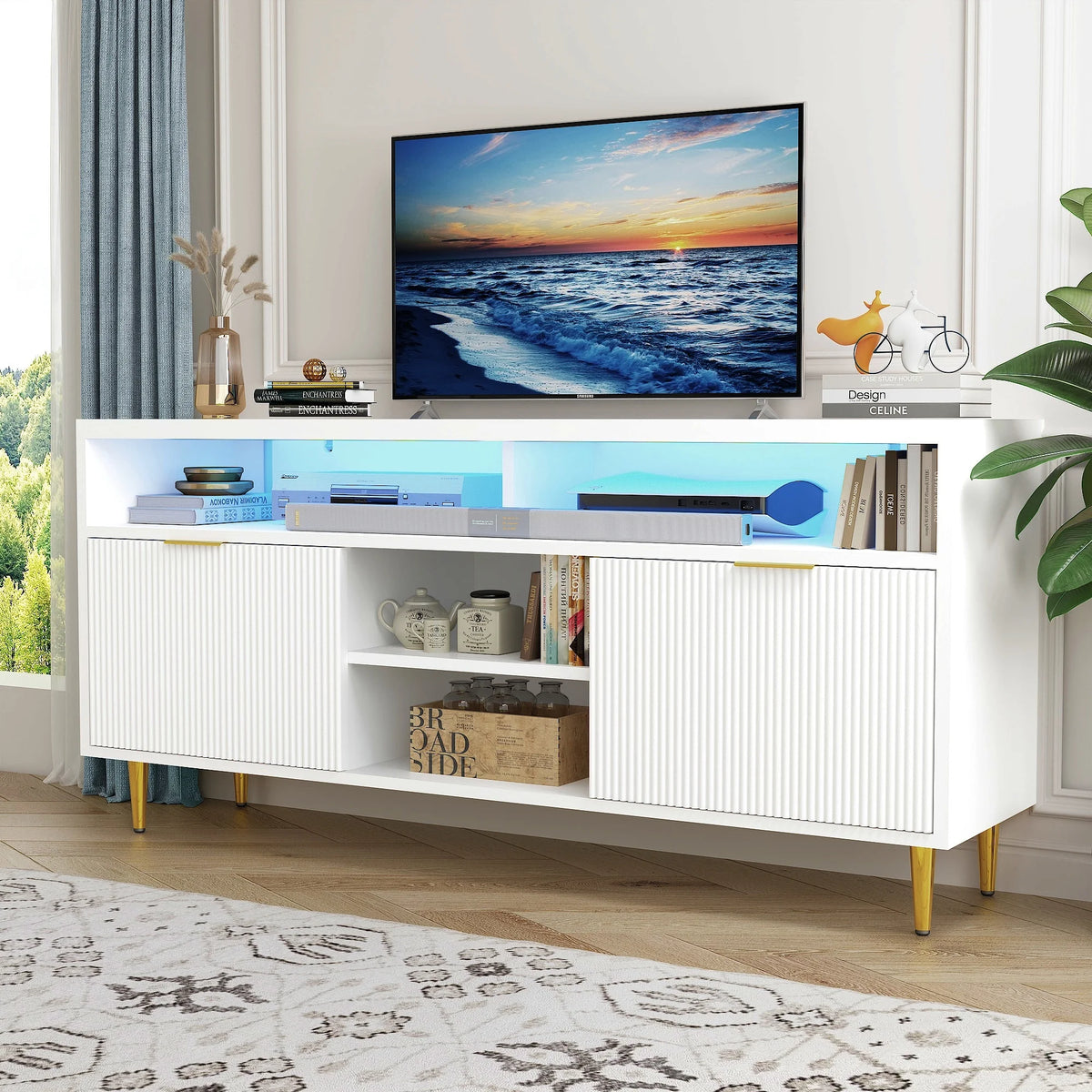 White Wood TV Stand for 55 60 65 inch TV A30181