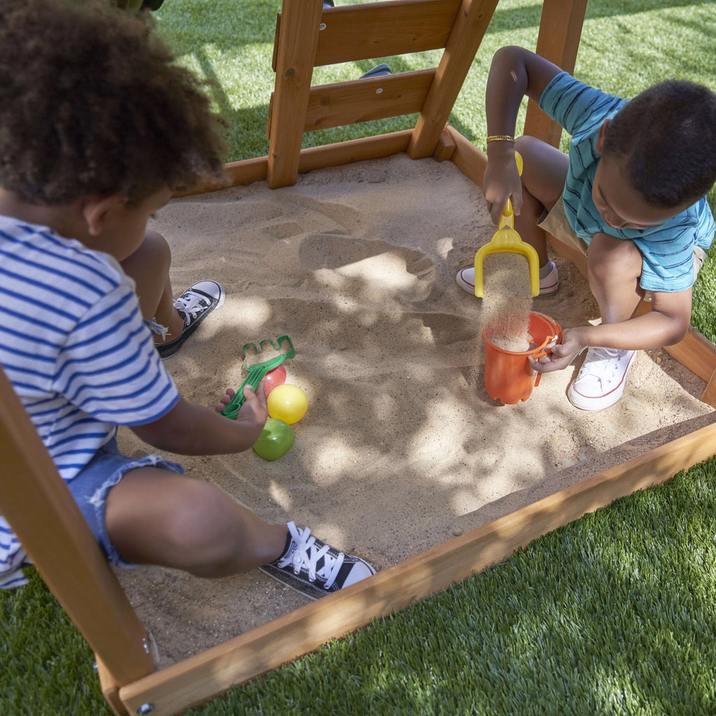 Wooden Outdoor Swing Set with Slide and Rock Wall W6342