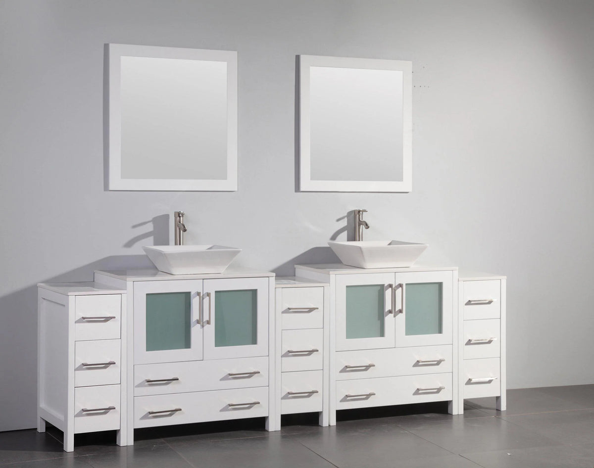 96 in. White Double Sink Vanity Cabinet with Ceramic Vessel Sink & Mirror C154