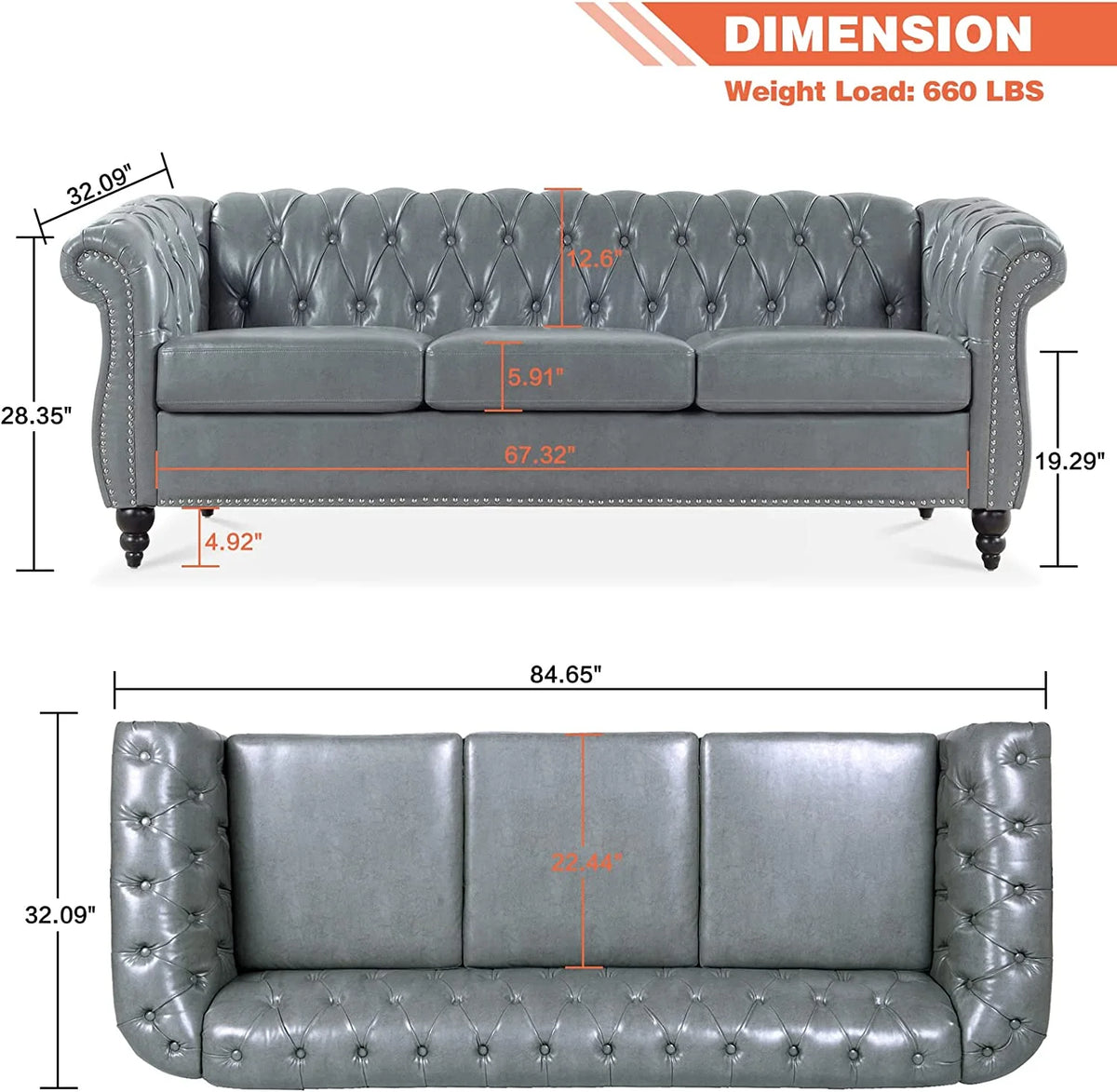 84" Gray Leather Chesterfield 3-Seater Sofa G554903