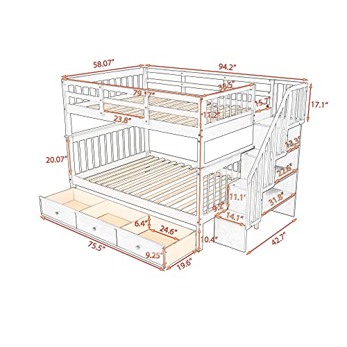 White Twin Over Twin Solid Wood Bunk Bed with Trundle Q298038