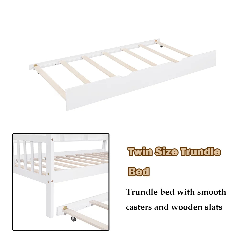 Twin Size Solid Wood House Bed with Trundle and Storage Shelves O31830