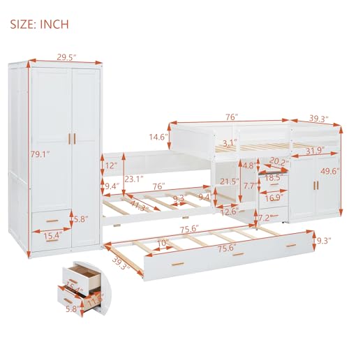 White Twin Over Twin Wood Bunk Bed with Trundle Q2516