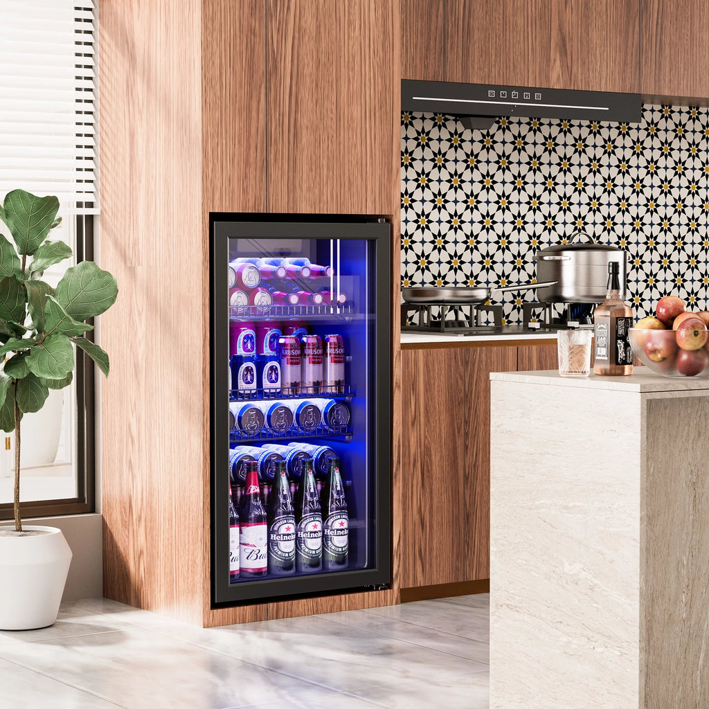 100 Can Beverage Refrigerator Cooler 2.47 Cu.ft Mini Fridge with Glass Door & Adjustable Shelves Y983