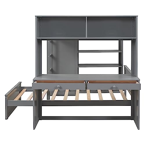 Twin Size Loft Bed with Built-in Desk & Wardrobes, Wood Bedframe with 4 Drawers & 4 Shelves, Gray A47920