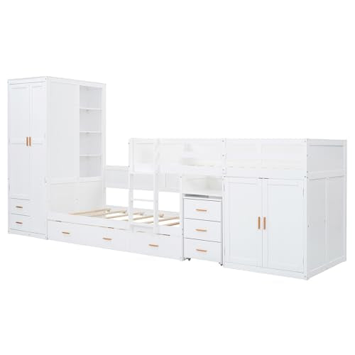 White Twin Over Twin Wood Bunk Bed with Trundle Q2516