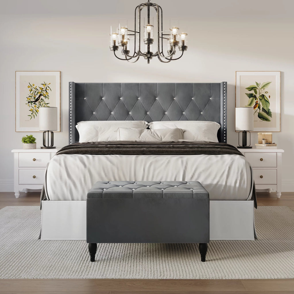 Black Velvet Upholstered Storage Bench Bed A46761