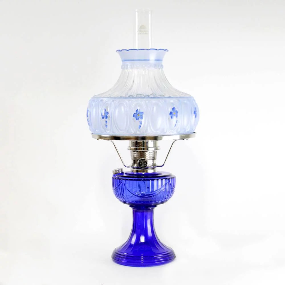 Cobalt Glass Non-Electric Oil Lamp with Blue Meadow Shade T643